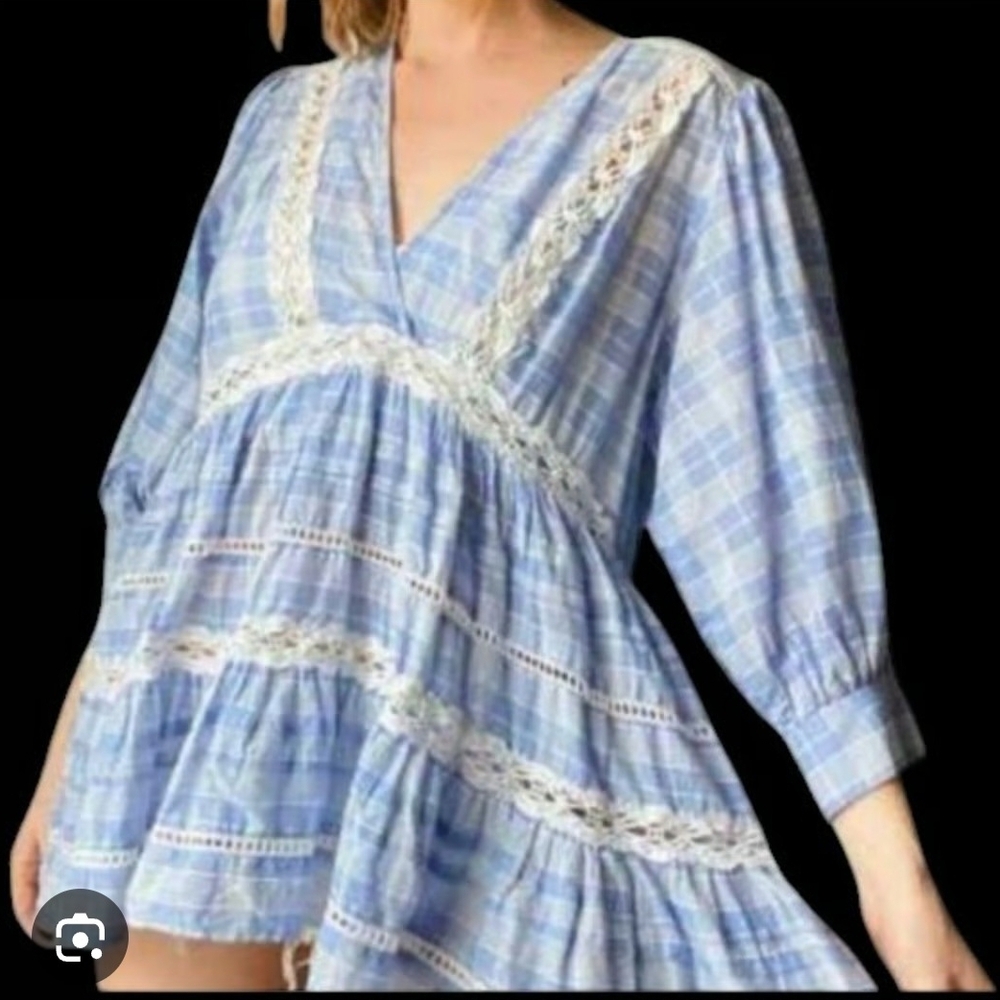Free People Blue Plaid Lace Trim Blouse